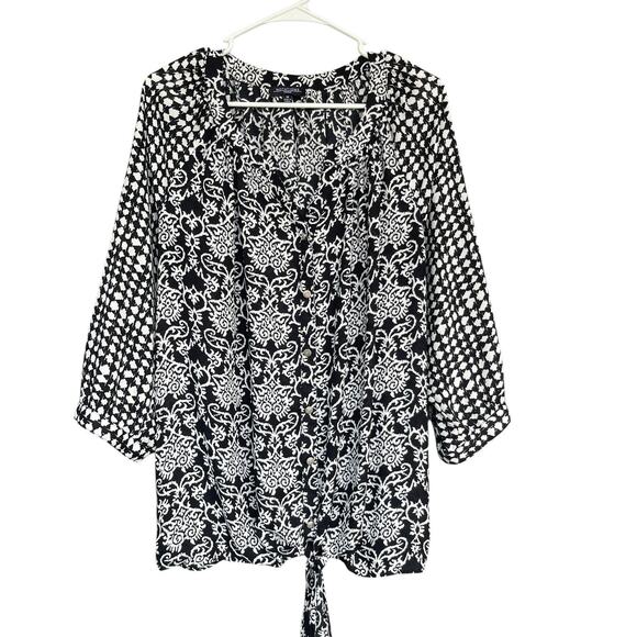 Notations Womens Blouse Plus Size 1X Black White Floral 3/4 Sleeve Office Front - Picture 1 of 12
